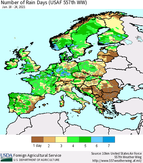 Europe Number of Rain Days (USAF 557th WW) Thematic Map For 1/18/2021 - 1/24/2021