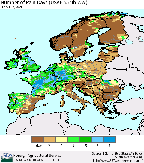 Europe Number of Rain Days (USAF 557th WW) Thematic Map For 2/1/2021 - 2/7/2021