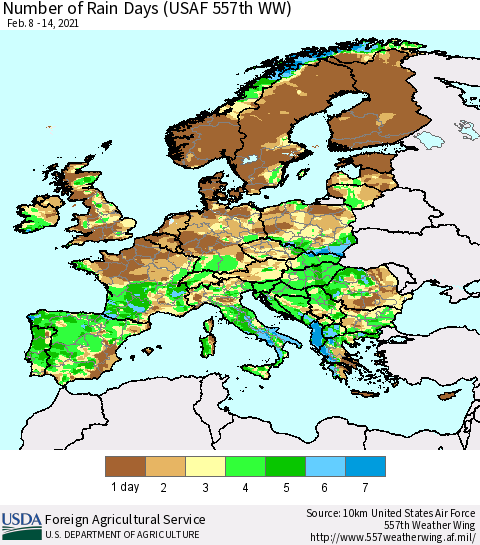 Europe Number of Rain Days (USAF 557th WW) Thematic Map For 2/8/2021 - 2/14/2021