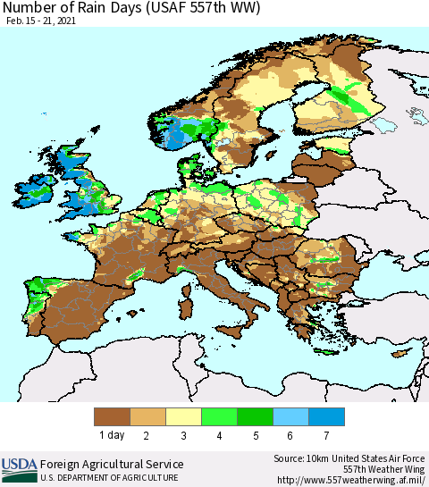 Europe Number of Rain Days (USAF 557th WW) Thematic Map For 2/15/2021 - 2/21/2021