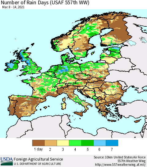 Europe Number of Rain Days (USAF 557th WW) Thematic Map For 3/8/2021 - 3/14/2021
