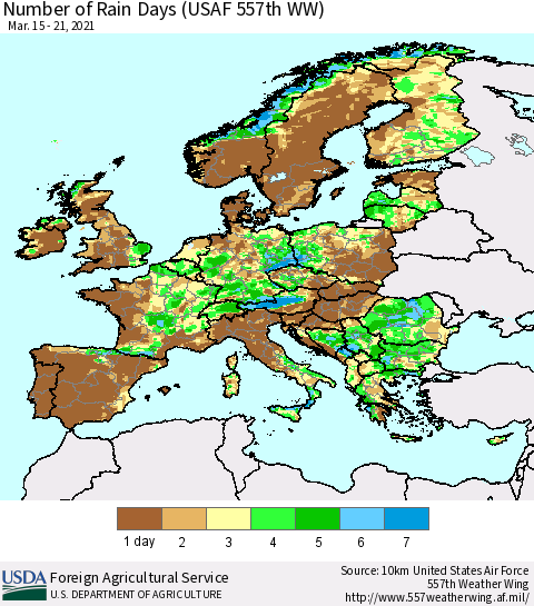 Europe Number of Rain Days (USAF 557th WW) Thematic Map For 3/15/2021 - 3/21/2021