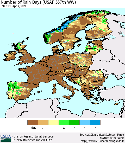 Europe Number of Rain Days (USAF 557th WW) Thematic Map For 3/29/2021 - 4/4/2021