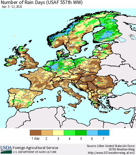 Europe Number of Rain Days (USAF 557th WW) Thematic Map For 4/5/2021 - 4/11/2021