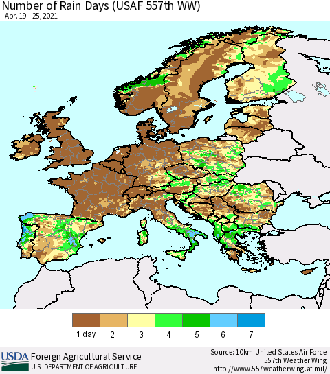 Europe Number of Rain Days (USAF 557th WW) Thematic Map For 4/19/2021 - 4/25/2021