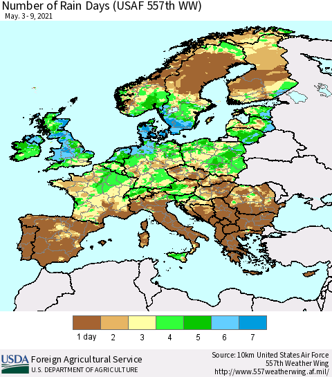Europe Number of Rain Days (USAF 557th WW) Thematic Map For 5/3/2021 - 5/9/2021