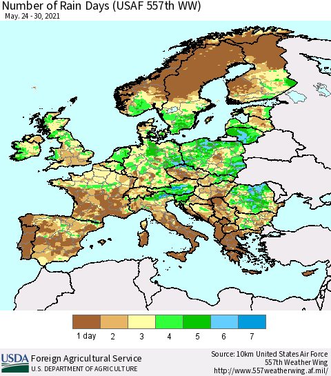 Europe Number of Rain Days (USAF 557th WW) Thematic Map For 5/24/2021 - 5/30/2021