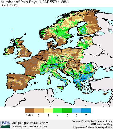 Europe Number of Rain Days (USAF 557th WW) Thematic Map For 6/7/2021 - 6/13/2021