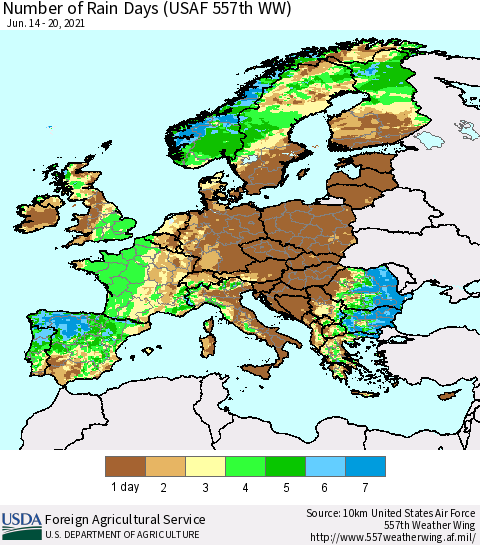 Europe Number of Rain Days (USAF 557th WW) Thematic Map For 6/14/2021 - 6/20/2021