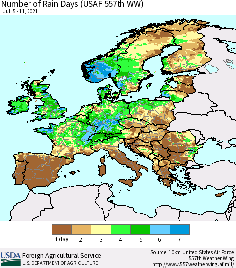 Europe Number of Rain Days (USAF 557th WW) Thematic Map For 7/5/2021 - 7/11/2021