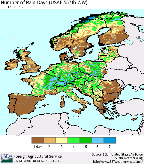 Europe Number of Rain Days (USAF 557th WW) Thematic Map For 7/12/2021 - 7/18/2021