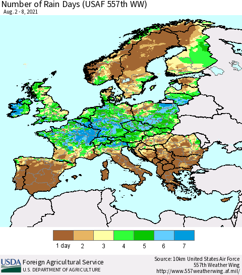 Europe Number of Rain Days (USAF 557th WW) Thematic Map For 8/2/2021 - 8/8/2021