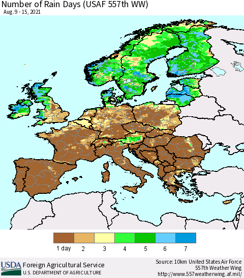 Europe Number of Rain Days (USAF 557th WW) Thematic Map For 8/9/2021 - 8/15/2021