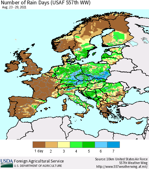 Europe Number of Rain Days (USAF 557th WW) Thematic Map For 8/23/2021 - 8/29/2021