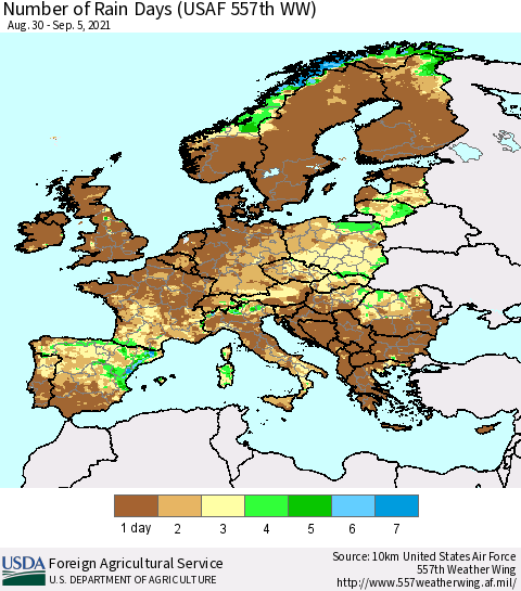 Europe Number of Rain Days (USAF 557th WW) Thematic Map For 8/30/2021 - 9/5/2021