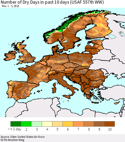 Europe Number of Dry Days in past 10 days (USAF 557th WW) Thematic Map For 3/1/2021 - 3/5/2021