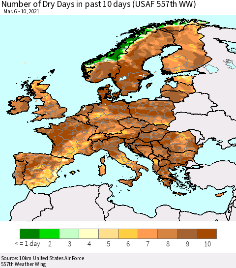 Europe Number of Dry Days in past 10 days (USAF 557th WW) Thematic Map For 3/6/2021 - 3/10/2021