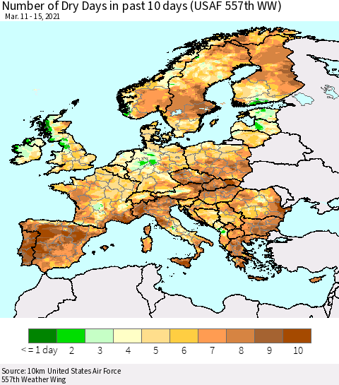 Europe Number of Dry Days in past 10 days (USAF 557th WW) Thematic Map For 3/11/2021 - 3/15/2021