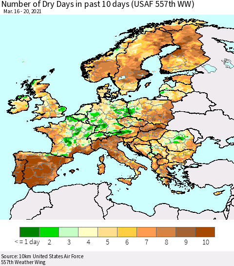 Europe Number of Dry Days in past 10 days (USAF 557th WW) Thematic Map For 3/16/2021 - 3/20/2021