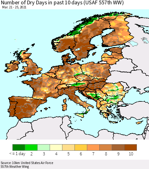 Europe Number of Dry Days in past 10 days (USAF 557th WW) Thematic Map For 3/21/2021 - 3/25/2021