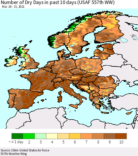 Europe Number of Dry Days in past 10 days (USAF 557th WW) Thematic Map For 3/26/2021 - 3/31/2021