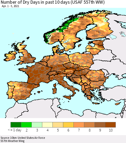 Europe Number of Dry Days in past 10 days (USAF 557th WW) Thematic Map For 4/1/2021 - 4/5/2021