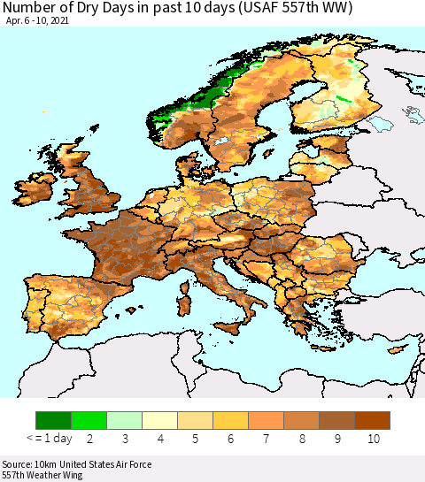 Europe Number of Dry Days in past 10 days (USAF 557th WW) Thematic Map For 4/6/2021 - 4/10/2021