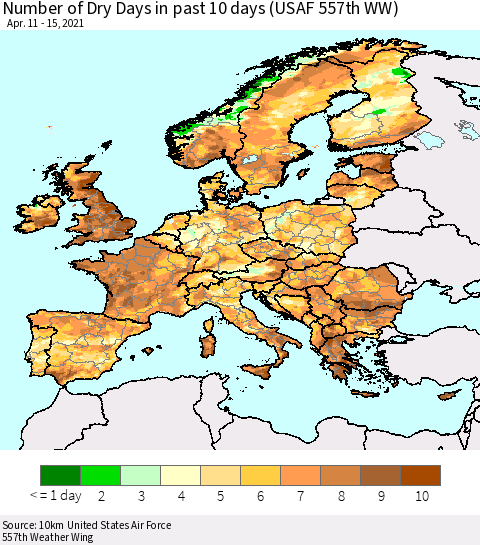 Europe Number of Dry Days in past 10 days (USAF 557th WW) Thematic Map For 4/11/2021 - 4/15/2021