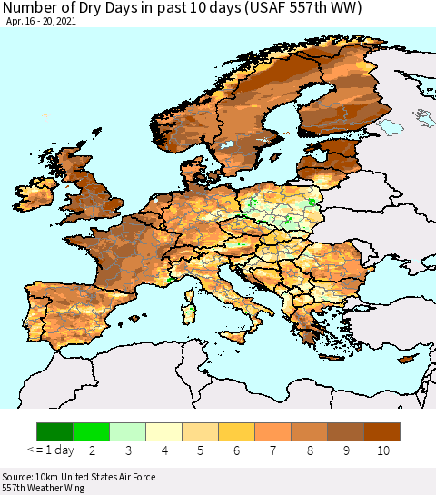 Europe Number of Dry Days in past 10 days (USAF 557th WW) Thematic Map For 4/16/2021 - 4/20/2021