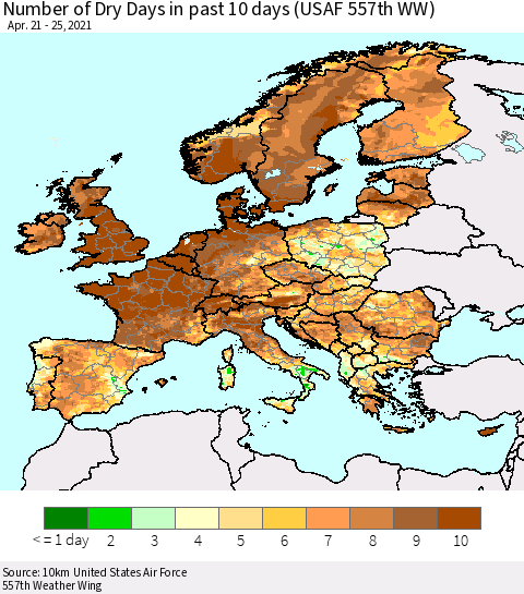 Europe Number of Dry Days in past 10 days (USAF 557th WW) Thematic Map For 4/21/2021 - 4/25/2021