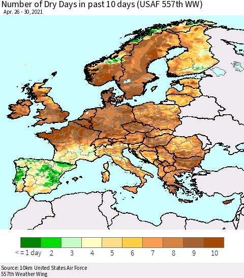 Europe Number of Dry Days in past 10 days (USAF 557th WW) Thematic Map For 4/26/2021 - 4/30/2021