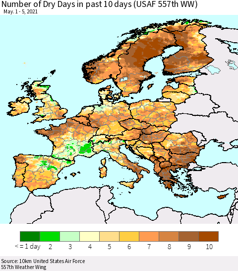 Europe Number of Dry Days in past 10 days (USAF 557th WW) Thematic Map For 5/1/2021 - 5/5/2021