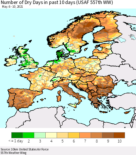Europe Number of Dry Days in past 10 days (USAF 557th WW) Thematic Map For 5/6/2021 - 5/10/2021