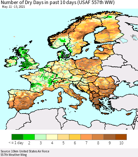 Europe Number of Dry Days in past 10 days (USAF 557th WW) Thematic Map For 5/11/2021 - 5/15/2021