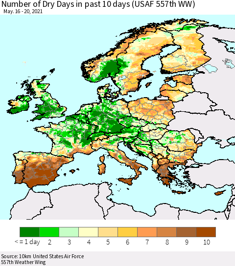 Europe Number of Dry Days in past 10 days (USAF 557th WW) Thematic Map For 5/16/2021 - 5/20/2021