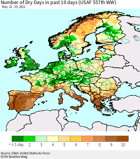 Europe Number of Dry Days in past 10 days (USAF 557th WW) Thematic Map For 5/21/2021 - 5/25/2021
