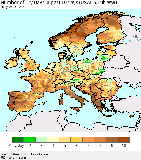 Europe Number of Dry Days in past 10 days (USAF 557th WW) Thematic Map For 5/26/2021 - 5/31/2021