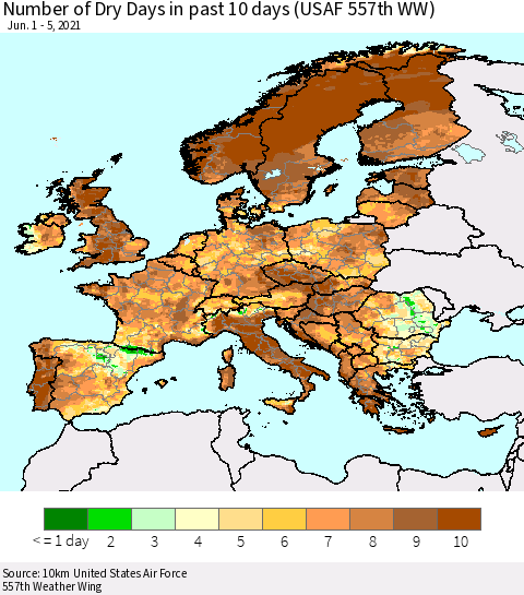 Europe Number of Dry Days in past 10 days (USAF 557th WW) Thematic Map For 6/1/2021 - 6/5/2021
