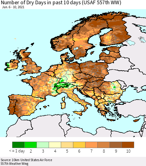 Europe Number of Dry Days in past 10 days (USAF 557th WW) Thematic Map For 6/6/2021 - 6/10/2021