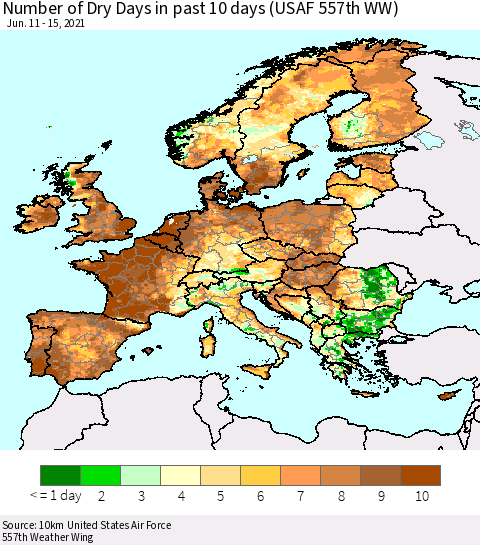 Europe Number of Dry Days in past 10 days (USAF 557th WW) Thematic Map For 6/11/2021 - 6/15/2021