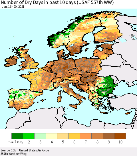 Europe Number of Dry Days in past 10 days (USAF 557th WW) Thematic Map For 6/16/2021 - 6/20/2021