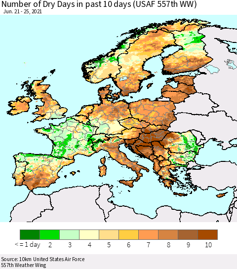 Europe Number of Dry Days in past 10 days (USAF 557th WW) Thematic Map For 6/21/2021 - 6/25/2021