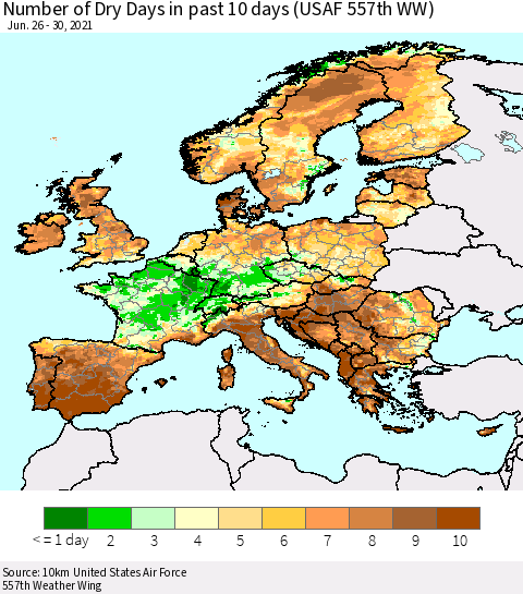 Europe Number of Dry Days in past 10 days (USAF 557th WW) Thematic Map For 6/26/2021 - 6/30/2021