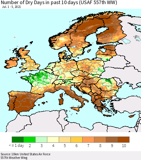 Europe Number of Dry Days in past 10 days (USAF 557th WW) Thematic Map For 7/1/2021 - 7/5/2021