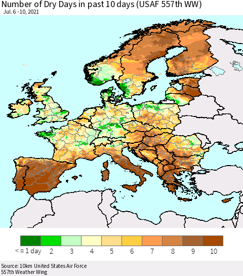 Europe Number of Dry Days in past 10 days (USAF 557th WW) Thematic Map For 7/6/2021 - 7/10/2021