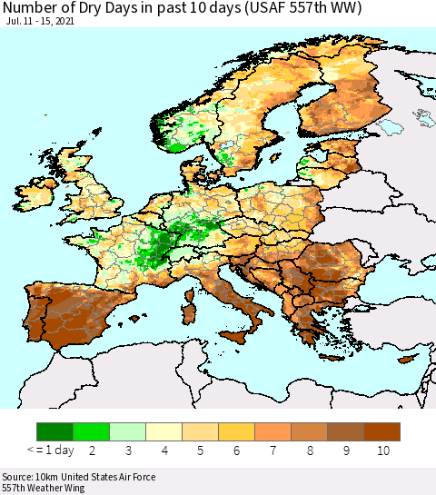 Europe Number of Dry Days in past 10 days (USAF 557th WW) Thematic Map For 7/11/2021 - 7/15/2021