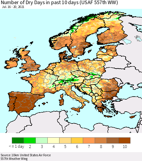 Europe Number of Dry Days in past 10 days (USAF 557th WW) Thematic Map For 7/16/2021 - 7/20/2021