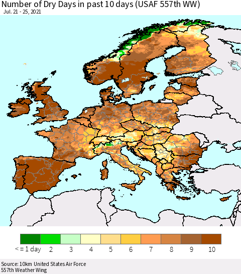 Europe Number of Dry Days in past 10 days (USAF 557th WW) Thematic Map For 7/21/2021 - 7/25/2021