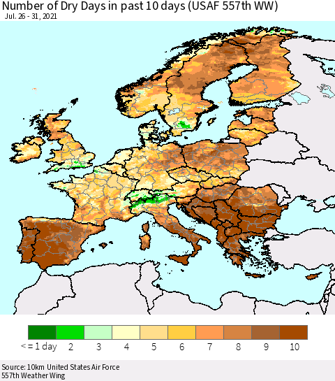 Europe Number of Dry Days in past 10 days (USAF 557th WW) Thematic Map For 7/26/2021 - 7/31/2021