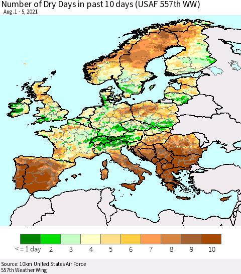 Europe Number of Dry Days in past 10 days (USAF 557th WW) Thematic Map For 8/1/2021 - 8/5/2021